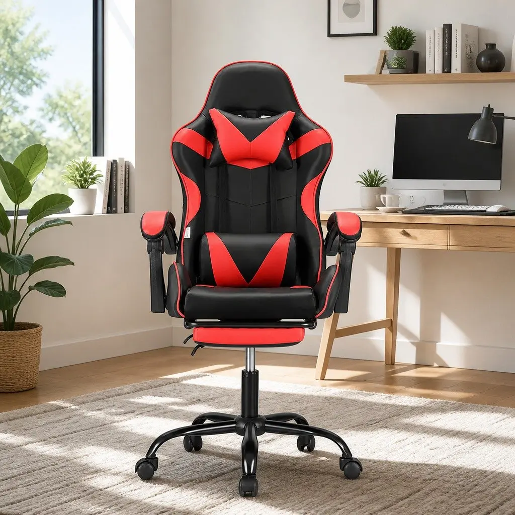 Massage Gaming Office Chair with Footrest Red Black Ergonomic Reclining