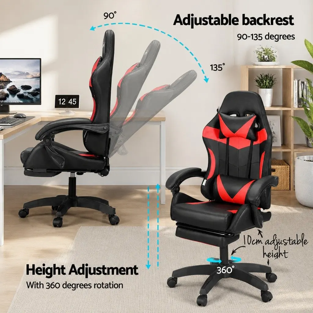 Massage Gaming Office Chair Ergonomic 6 Point Vibration with LED Footrest Red Black