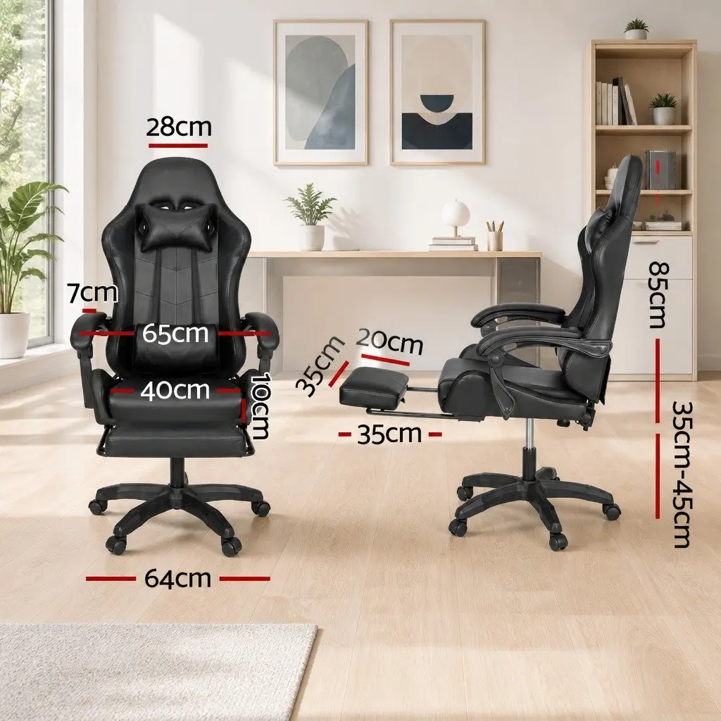 Massage Gaming Office Chair Black 6 Point Vibration with 7 LED Footrest Recliner