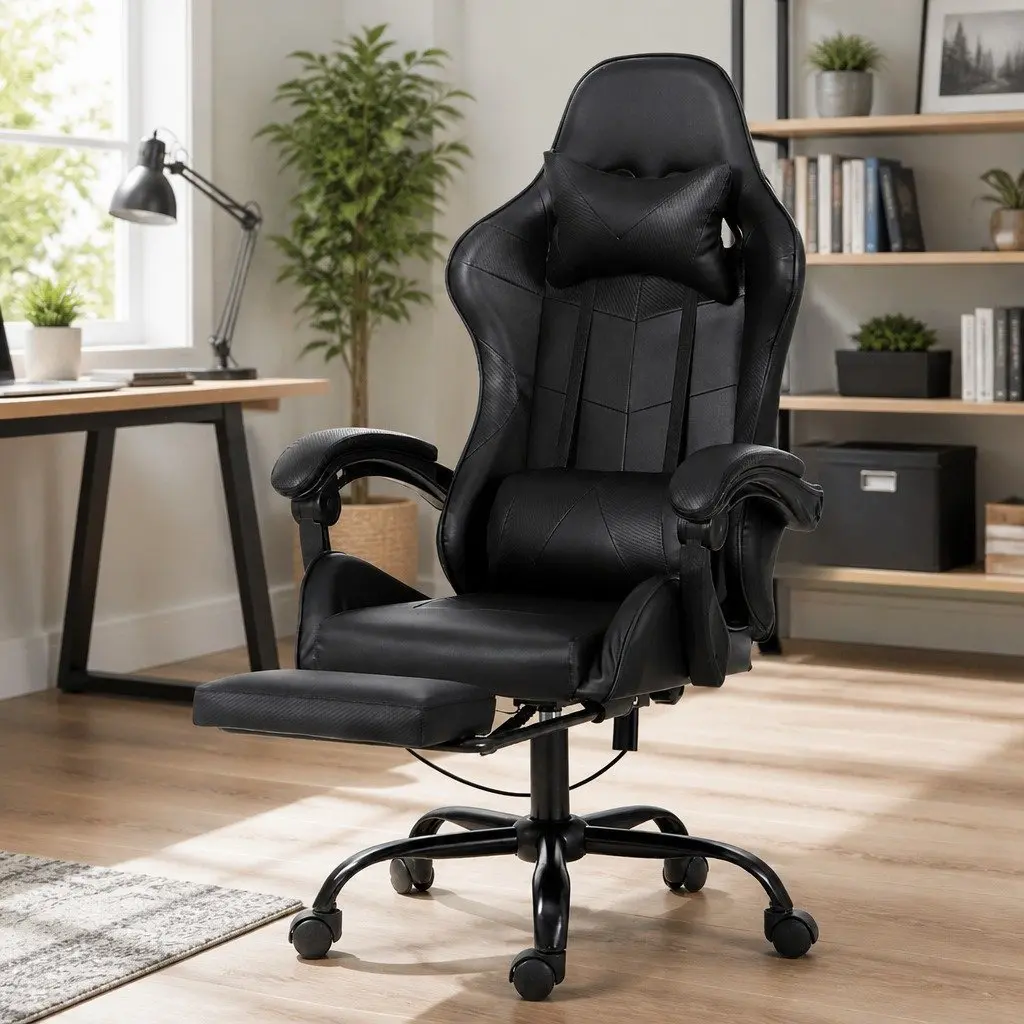 Massage Gaming Office Chair Black Ergonomic 6 Point Vibration Reclining Footrest
