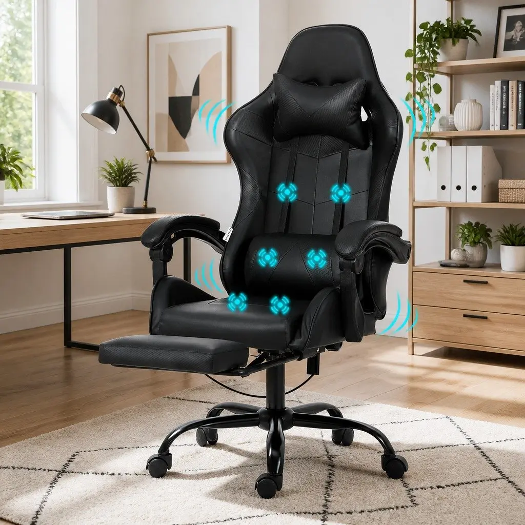 Massage Gaming Office Chair Black Ergonomic 6 Point Vibration Reclining Footrest