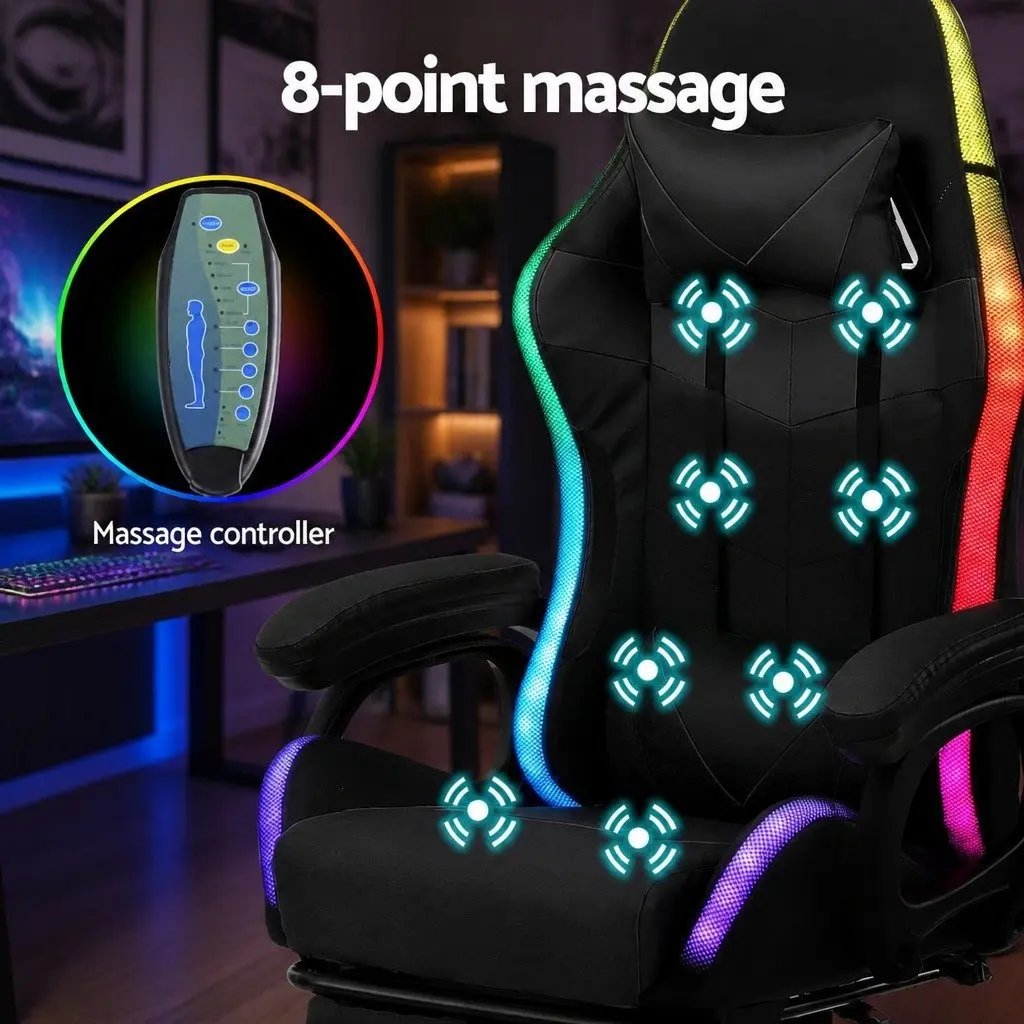Gaming Office Chair with RGB LED 8 Point Massage Footrest Black