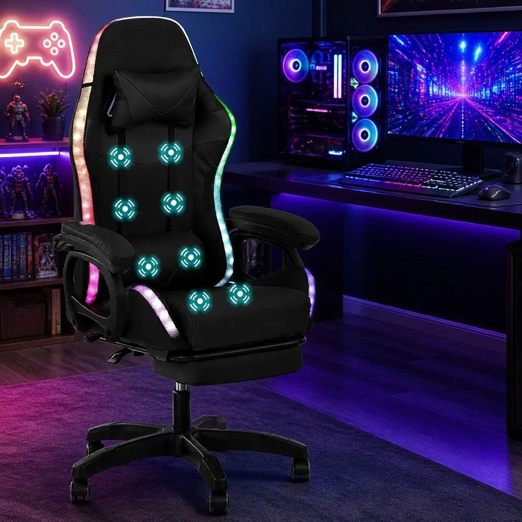 Gaming Office Chair with RGB LED 8 Point Massage Footrest Black
