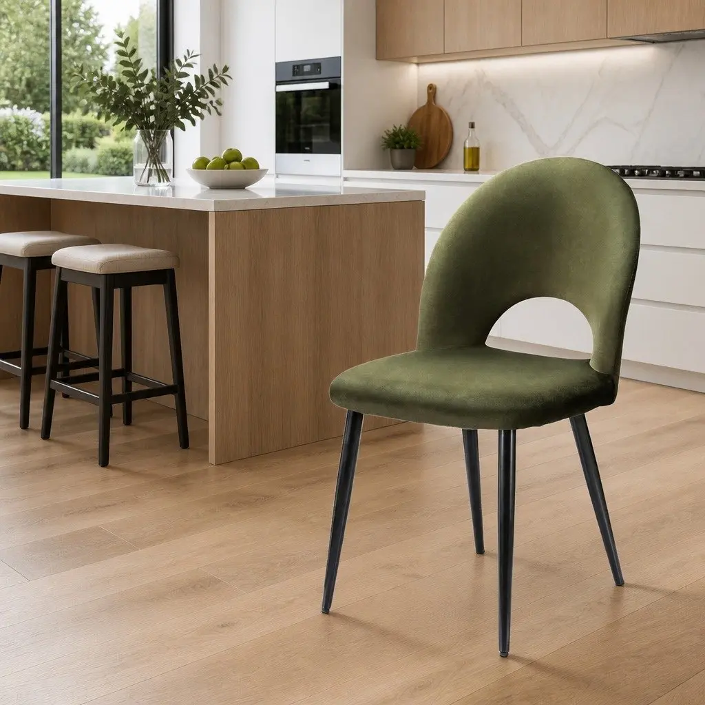 Dining Chairs Set of 2 Velvet Green Padded Seat Plywood Frame