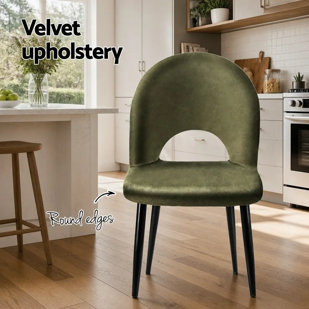Dining Chairs Set of 2 Velvet Green Padded Seat Plywood Frame