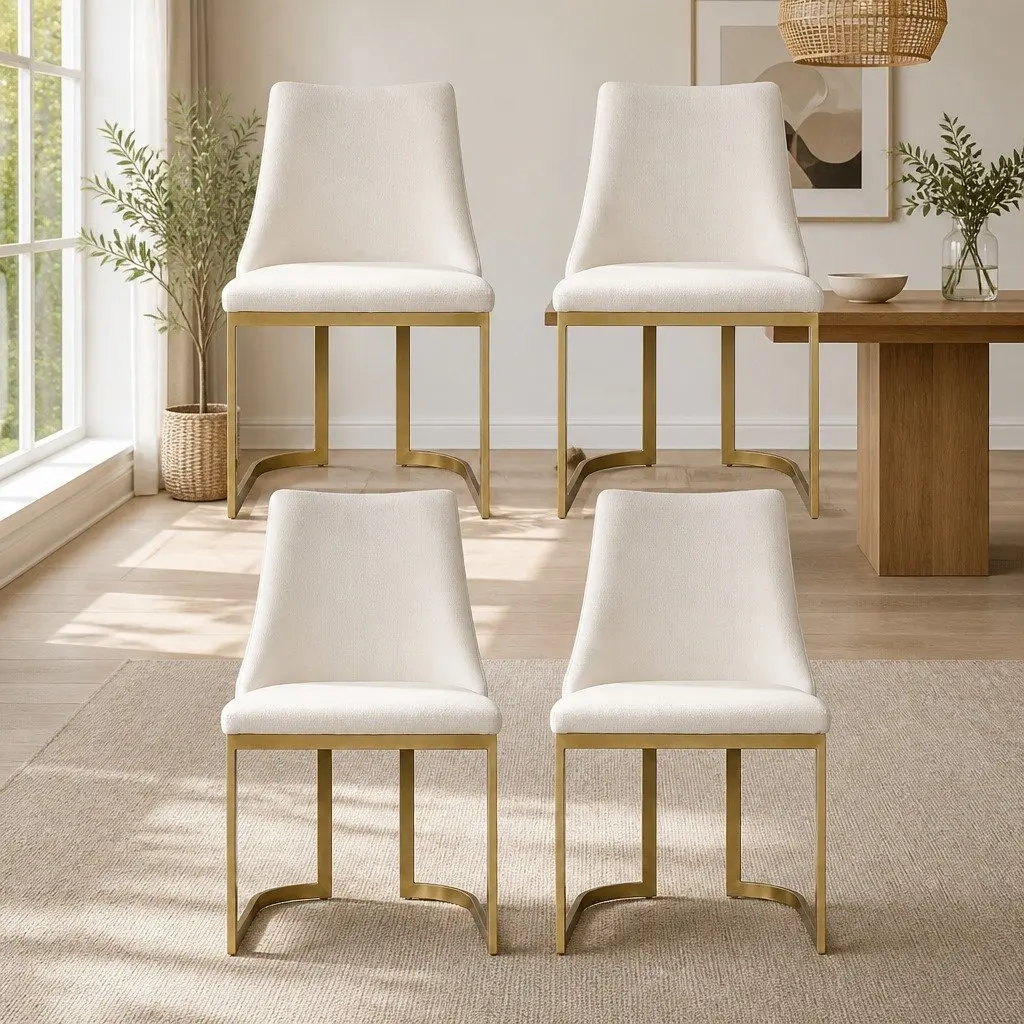 Dining Chairs Set of 4 Linen Fabric Padded Seat Sturdy Plywood Frame Metal Legs