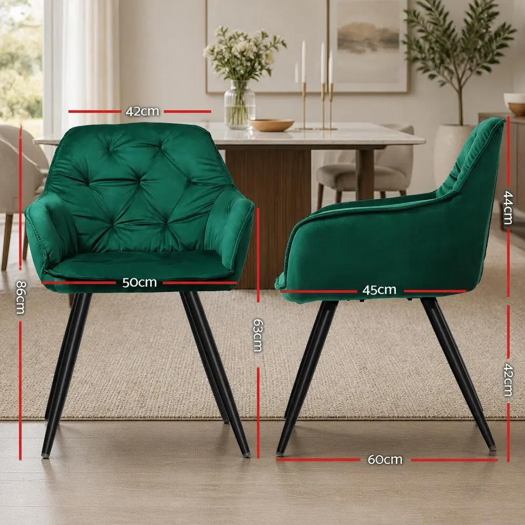 Dining Chairs Set of 2 Velvet Tufted Armchair Green Bucket Seat