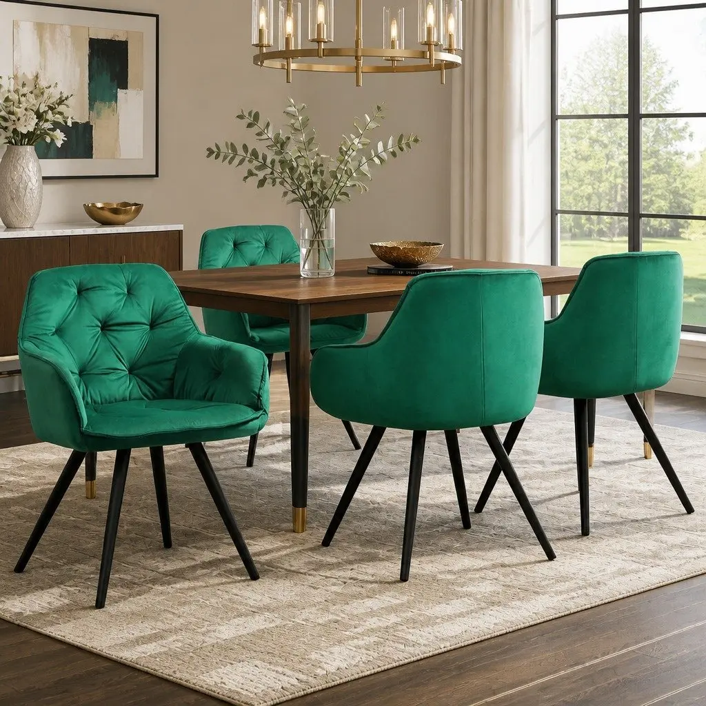 Dining Chairs Set of 4 Green Velvet Diamond Tufted Armchair Kitchen Furniture