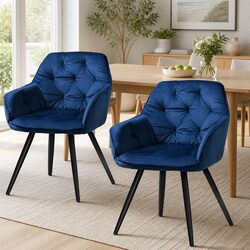 Dining Chairs Set of 2 Velvet Tufted Armchair Navy Blue Modern Furniture