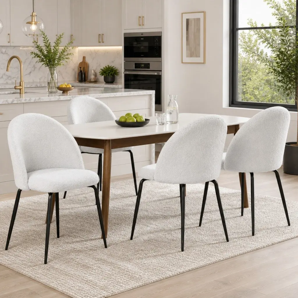 Dining Chairs Set of 4 White Sherpa Boucle Modern Kitchen Seating