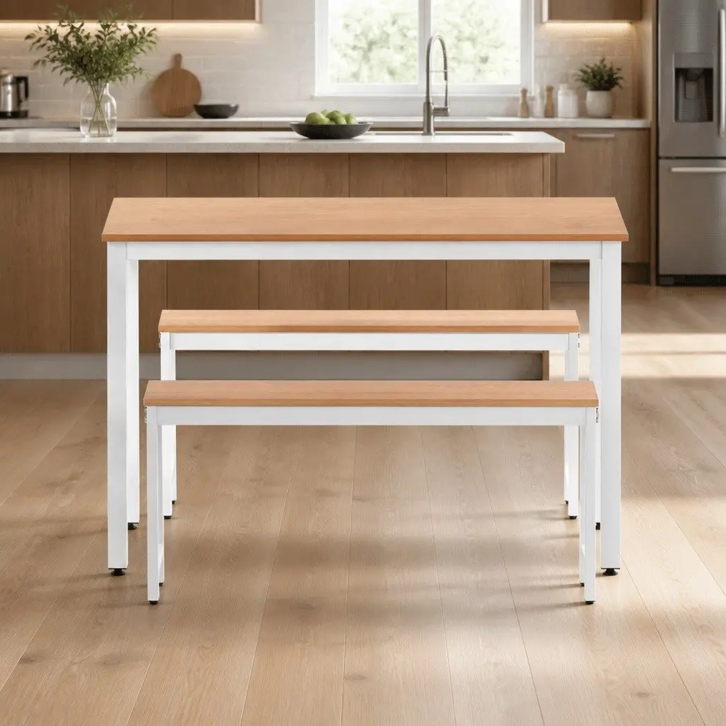 Dining Table and Benches Set 3 Piece Rectangle Metal Legs Durable Kitchen Furniture