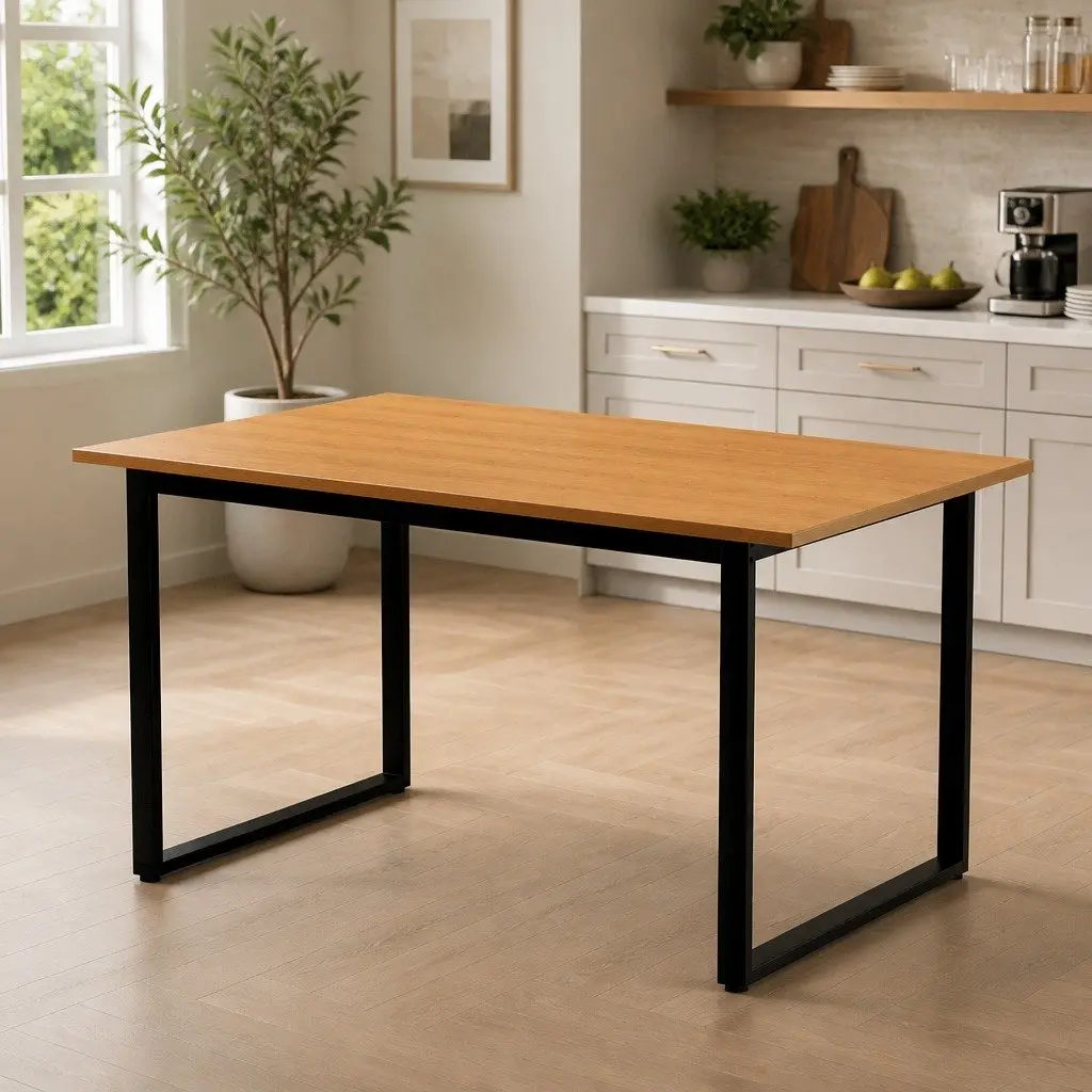 Dining Table 150cm Rectangular Industrial Style Particle Board Top Black Metal Legs
