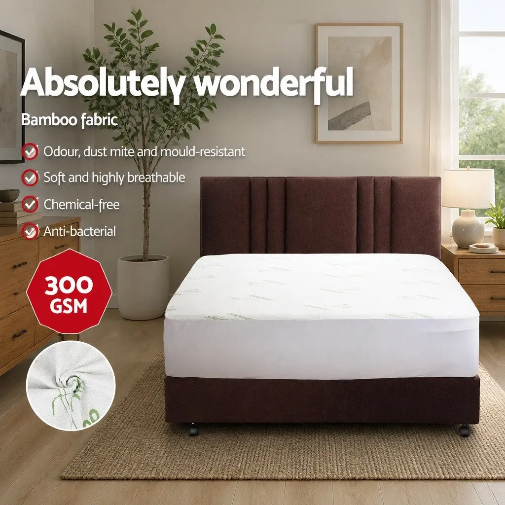 Queen Size Fitted Bed Cover Bamboo Fabric Water Resistant Mattress Protector White