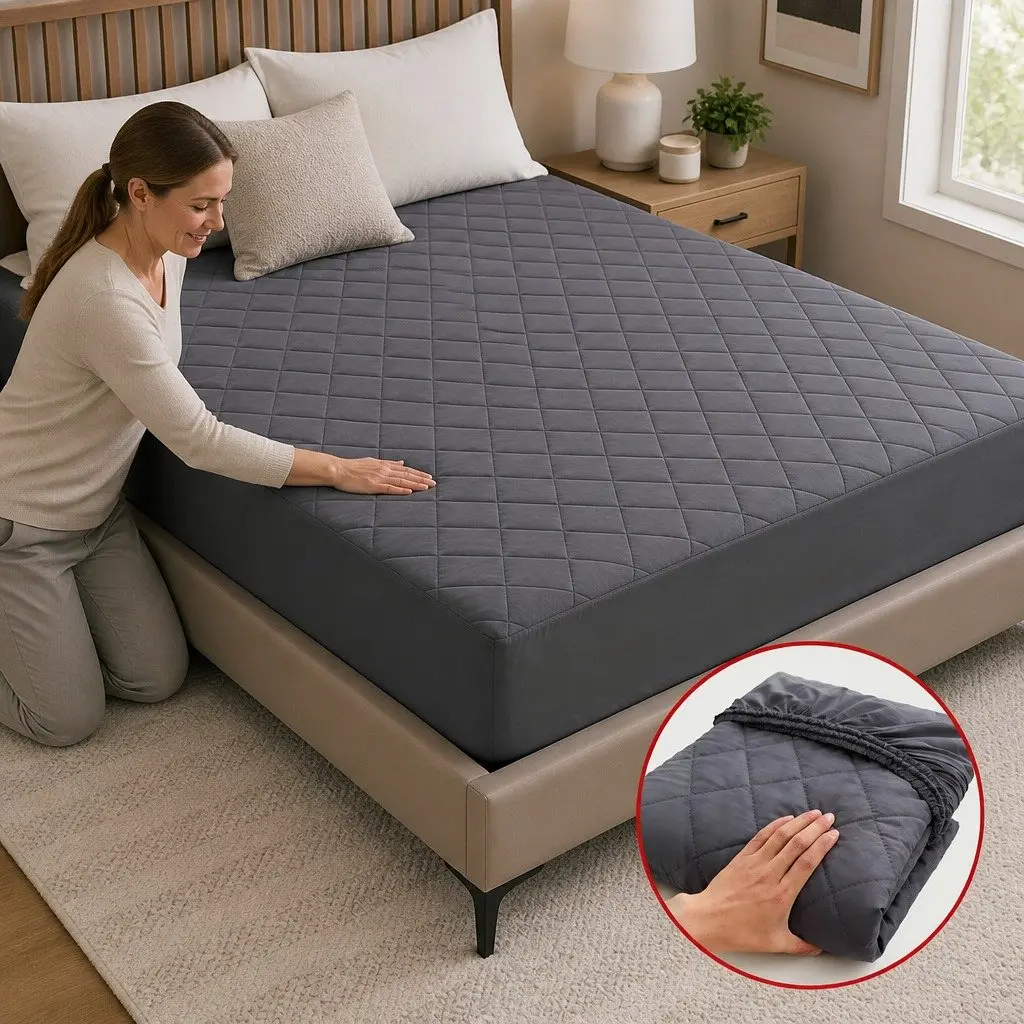 Microfiber Mattress Protector Queen Size Water-Resistant 360° Elastic Fitted Skirt Grey Washable