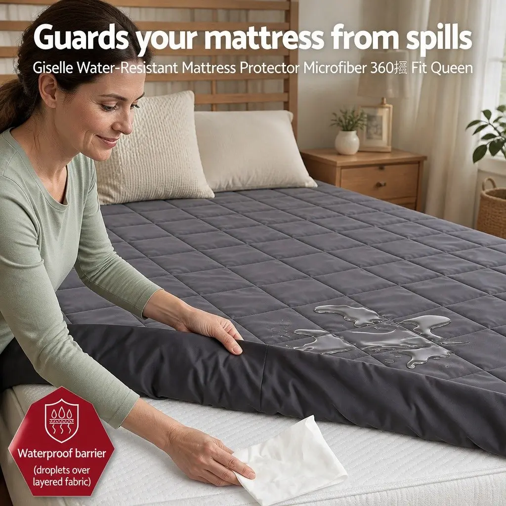 Microfiber Mattress Protector Queen Size Water-Resistant 360° Elastic Fitted Skirt Grey Washable