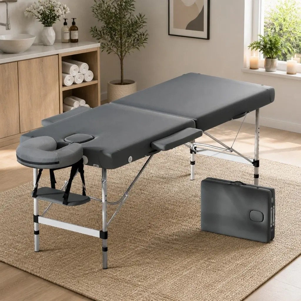 Portable Massage Table 55cm Wide Aluminium with Removable Face Cradle and High Density Foam Padding Grey