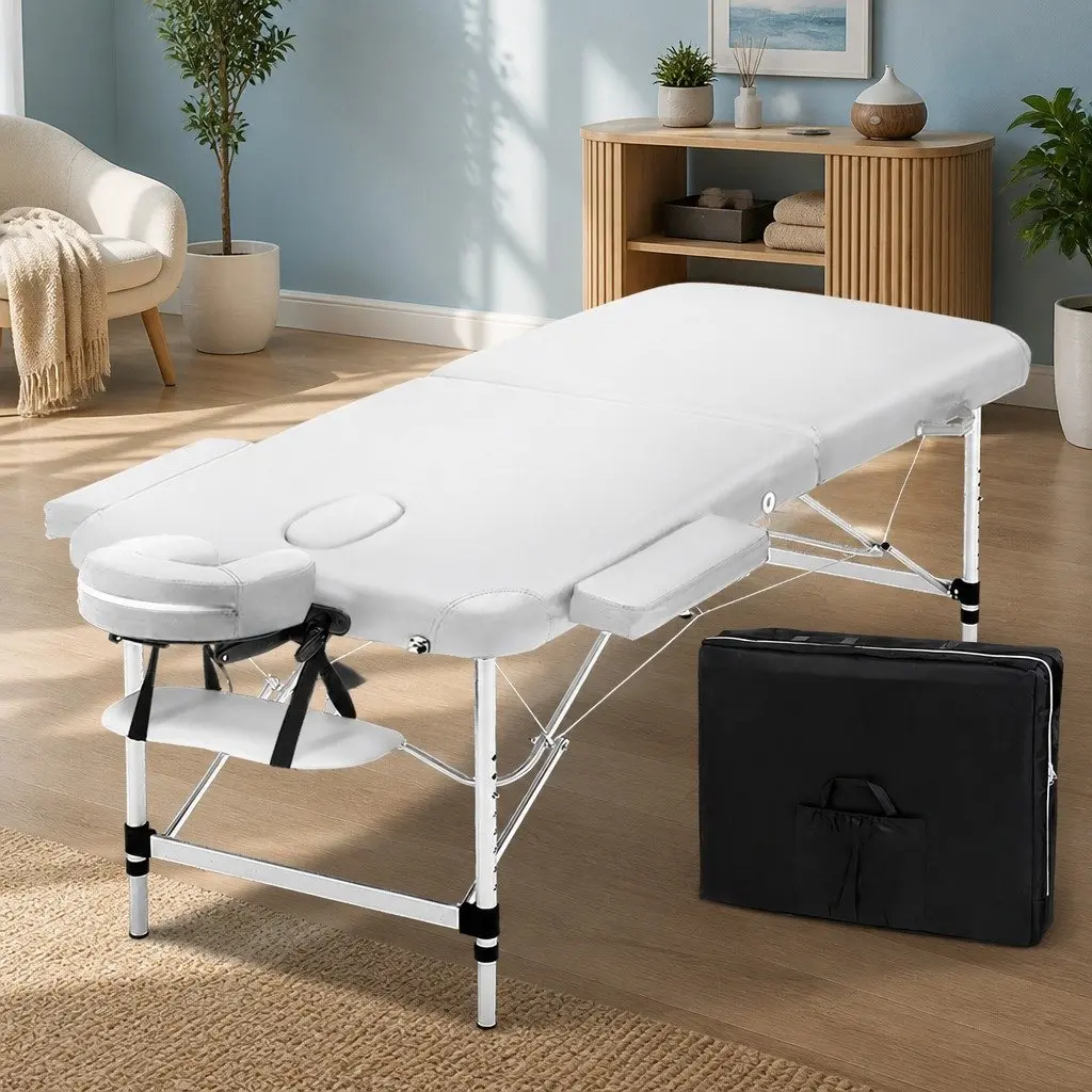 Portable Massage Table 75cm 2 Fold Aluminium Adjustable Height White Beauty Therapy Bed