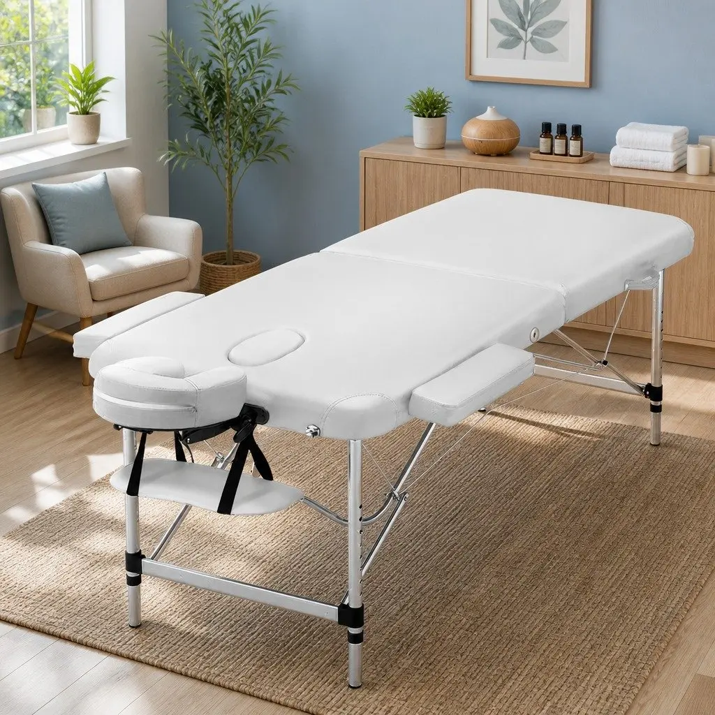 Portable Massage Table 75cm 2 Fold Aluminium Adjustable Height White Beauty Therapy Bed