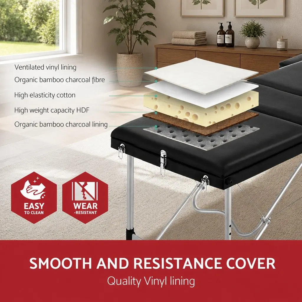 Portable Massage Table 60cm 3 Fold Aluminium Lightweight Adjustable Height Black