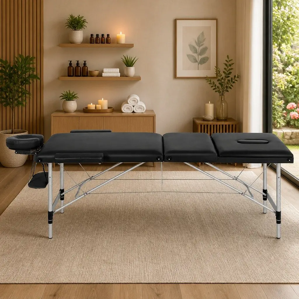 Massage Table 85cm Portable 3 Fold Aluminium Vinyl Surface Professional Black