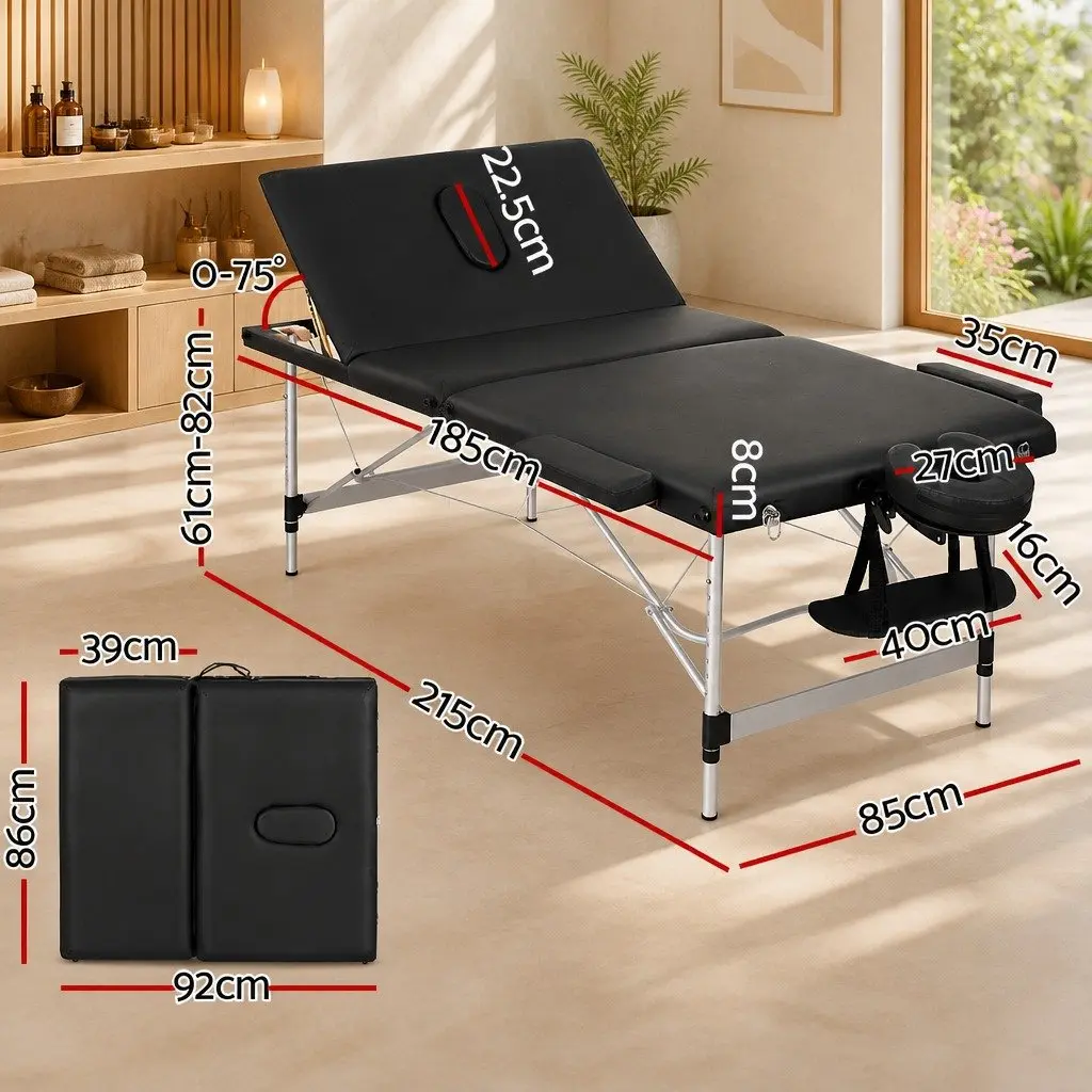 Massage Table 85cm Portable 3 Fold Aluminium Vinyl Surface Professional Black