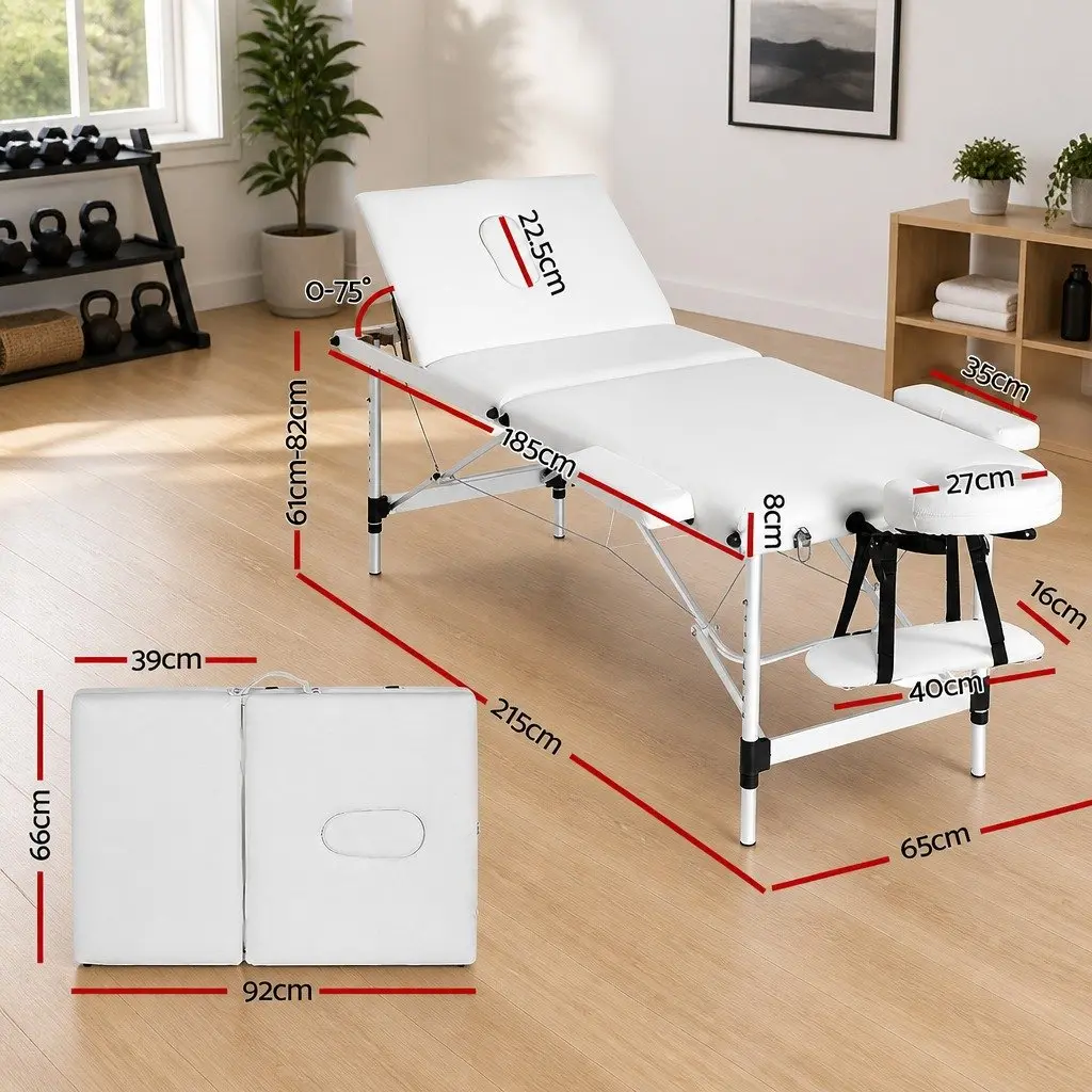 Massage Table 65cm Portable 3 Fold Adjustable Aluminium White