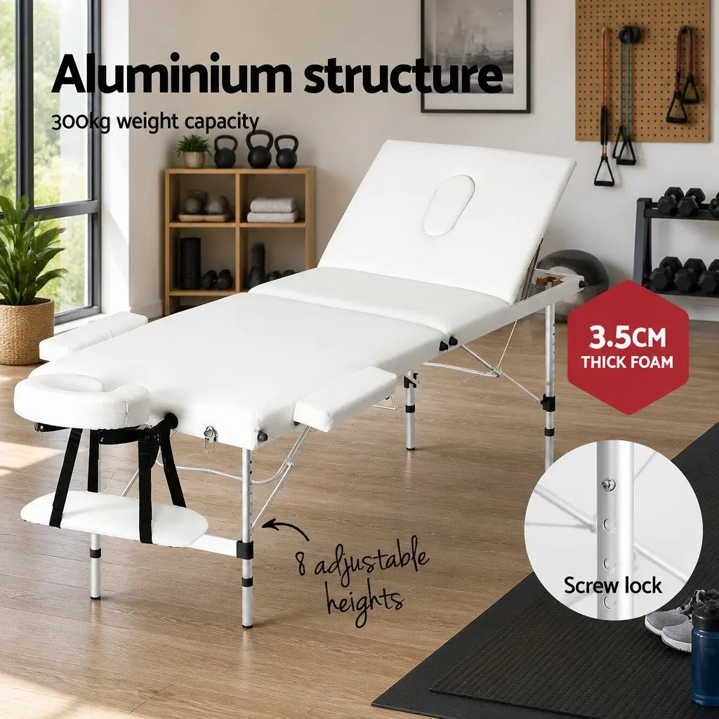 Massage Table 65cm Portable 3 Fold Adjustable Aluminium White