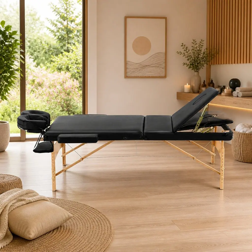 Portable Massage Table 60cm Wide Adjustable Height 9 Positions Wooden Frame Folds for Transport and Storage