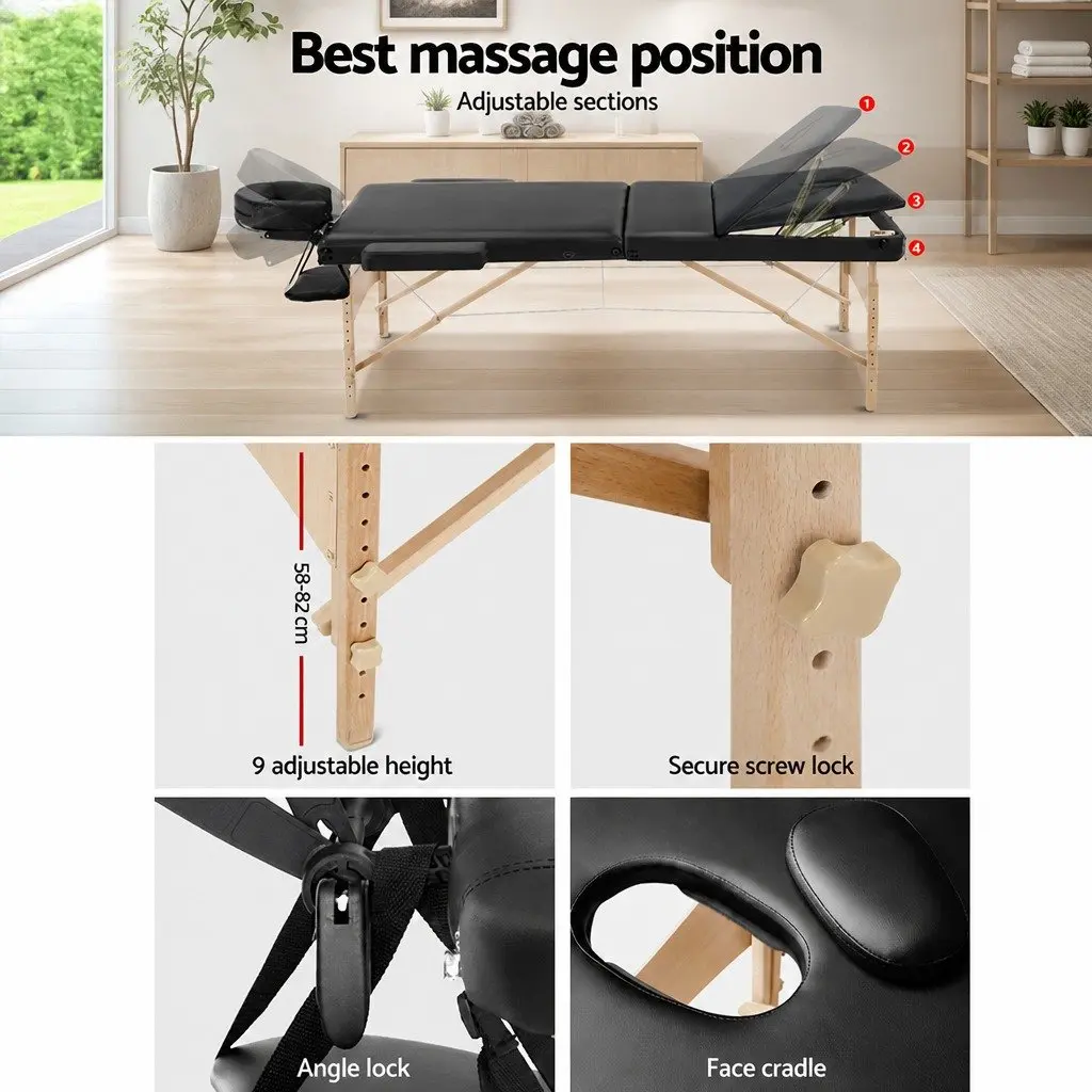 Portable Wooden Massage Table 70cm 3 Fold Therapy Beauty Bed Black Adjustable