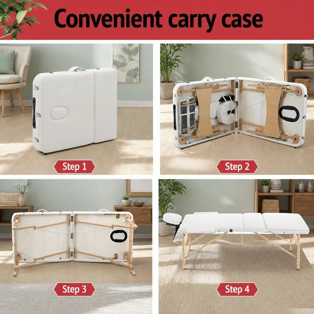 Portable Massage Table 70cm Wooden Adjustable Height 3 Fold White