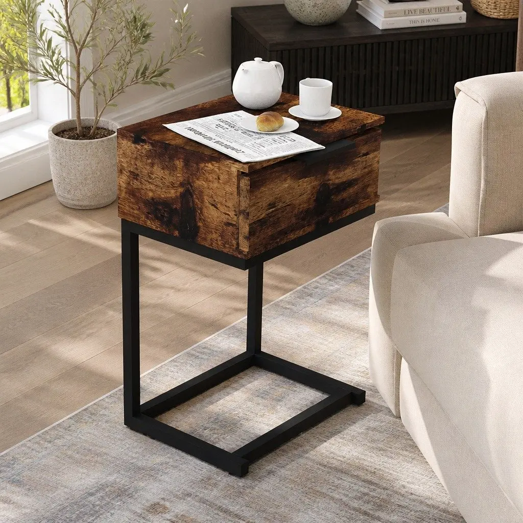 Wooden Bedside Table 35cm x 27cm Industrial Style with Slide-out Drawers