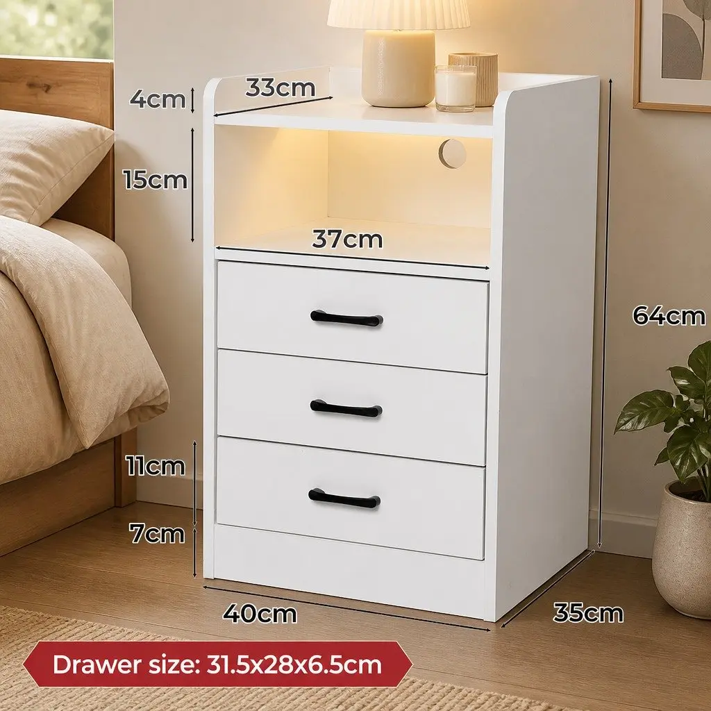 White Nightstand with LED Light USB Charger Outlet 3 Drawers Compact Bedroom Storage 40cm x 35cm x 64cm