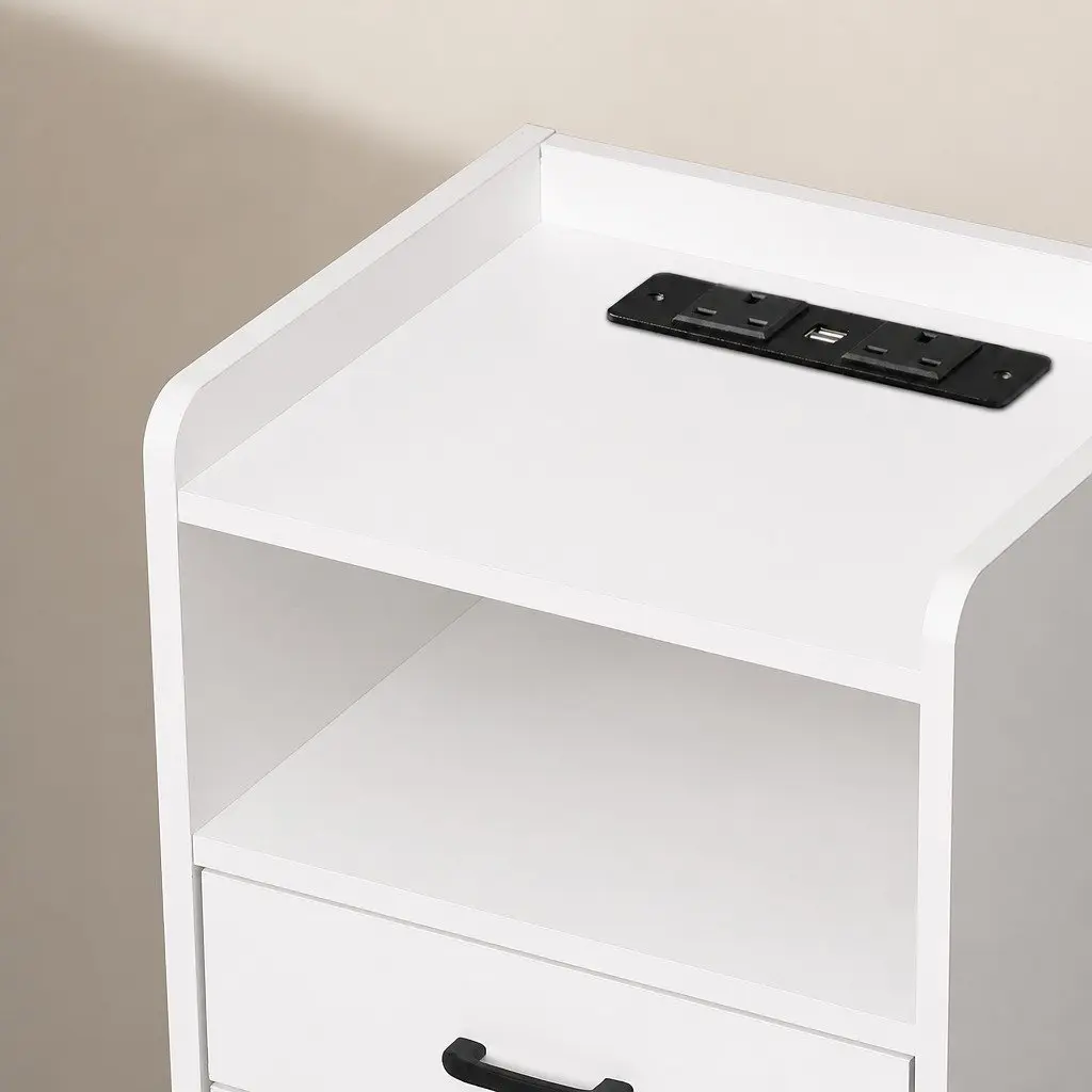 White Nightstand with LED Light USB Charger Outlet 3 Drawers Compact Bedroom Storage 40cm x 35cm x 64cm