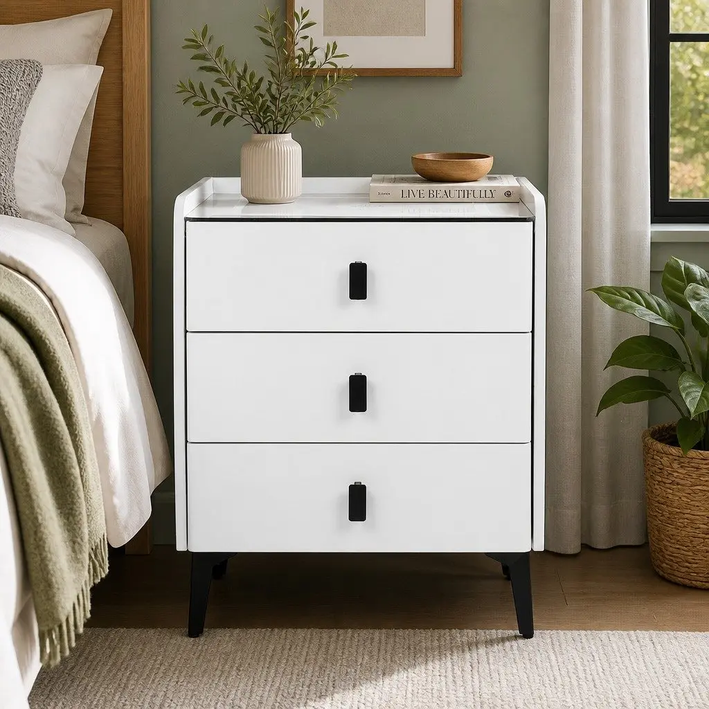 Bedside Table with LED Lights USB Charging Bluetooth Speaker 3 Drawers Storage