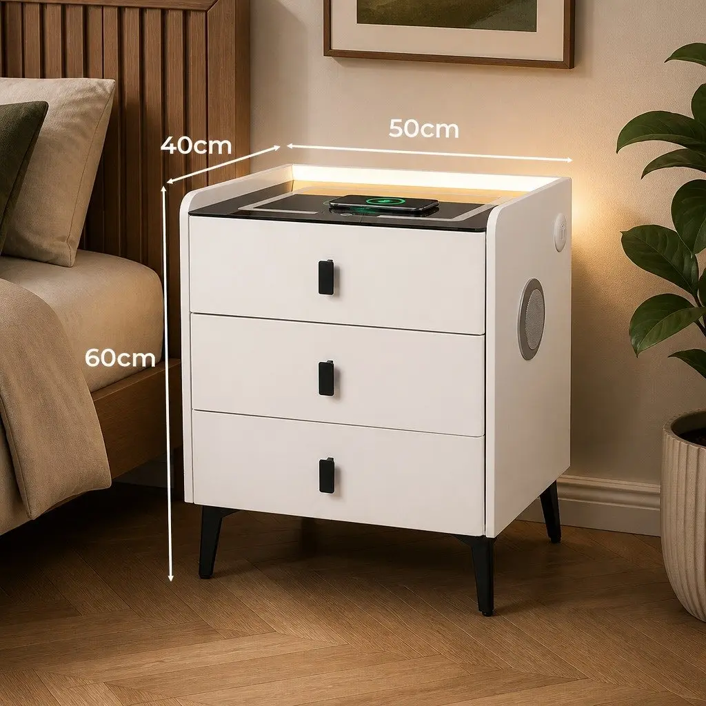 Bedside Table with LED Lights USB Charging Bluetooth Speaker 3 Drawers Storage