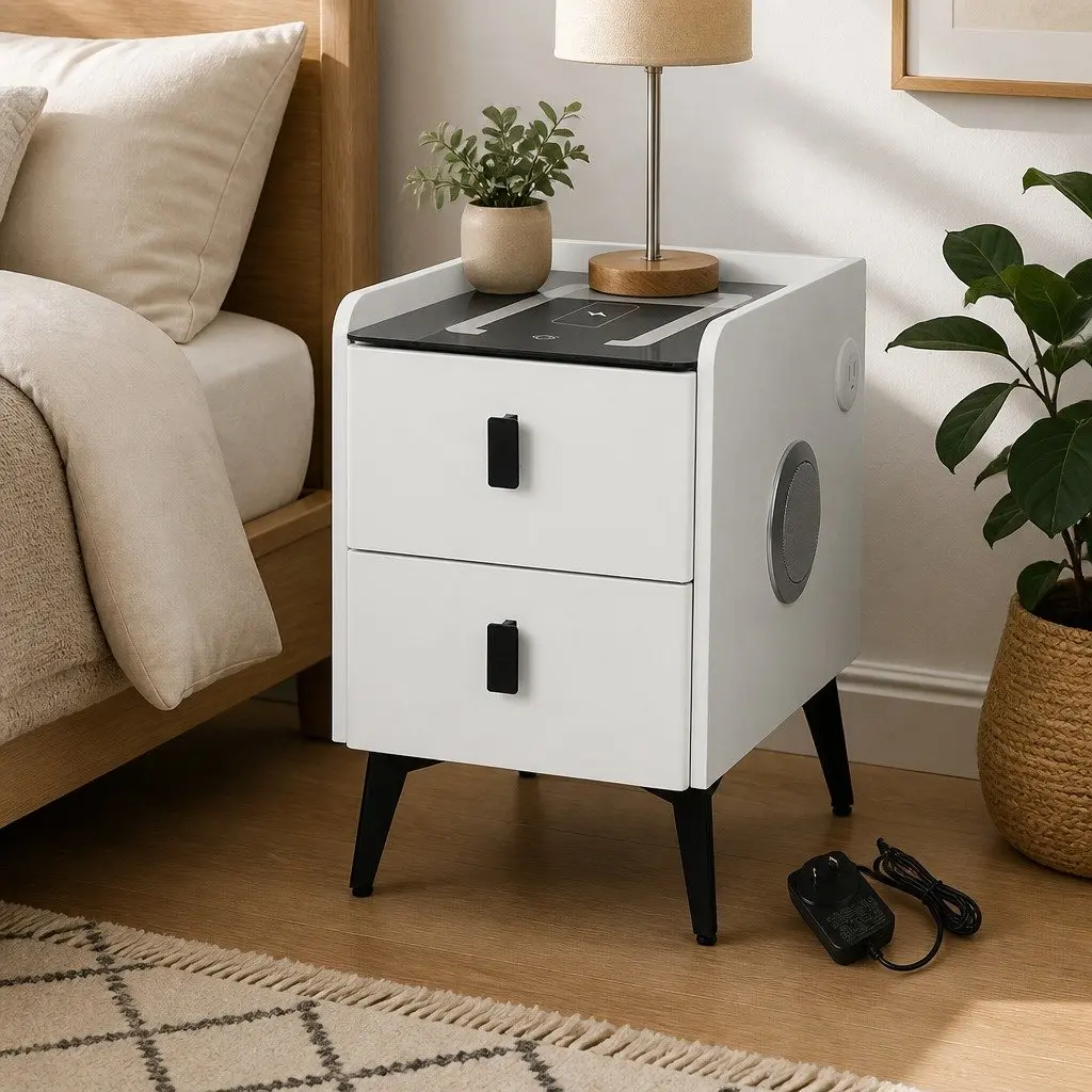 Bedside Table with LED Lights Wireless Charging USB Ports Drawers Storage White