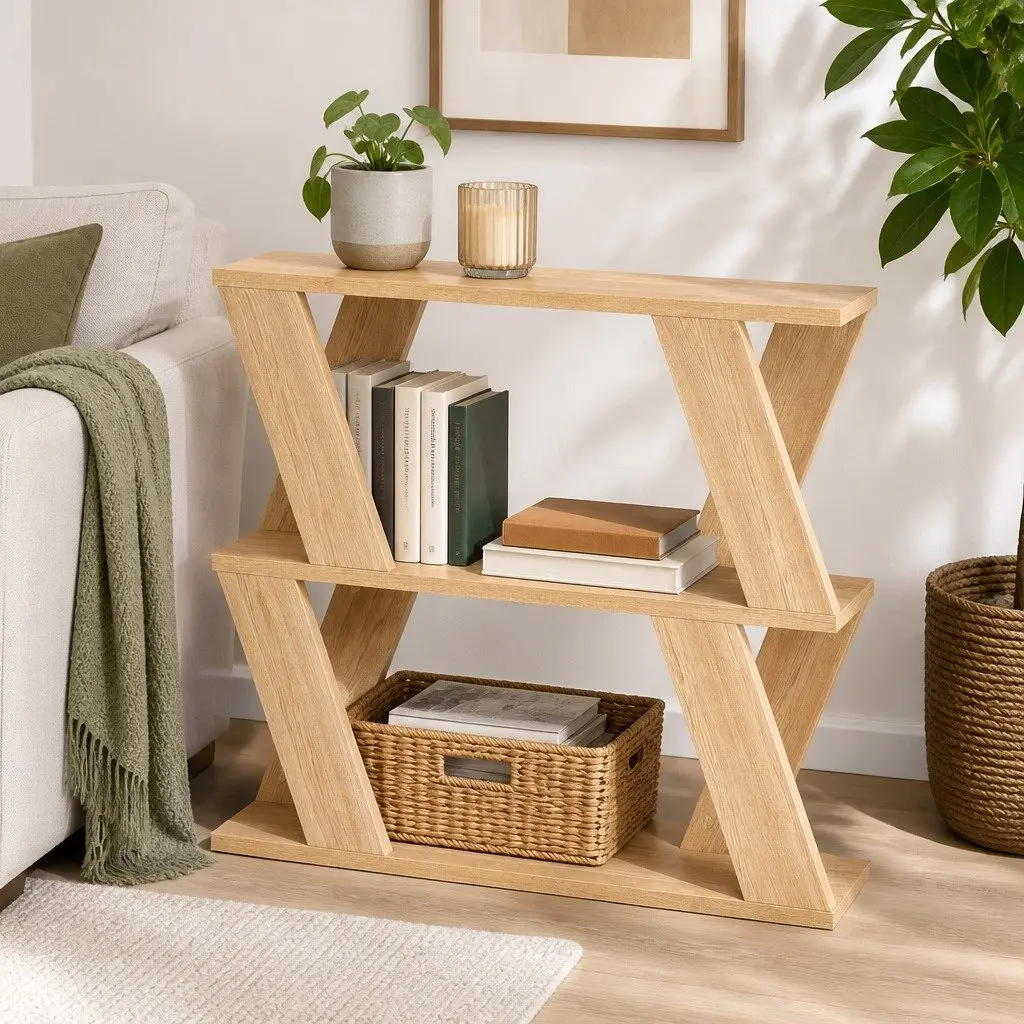 Slim Side Table Storage Compact Coffee Table Two-Tier Design Oak