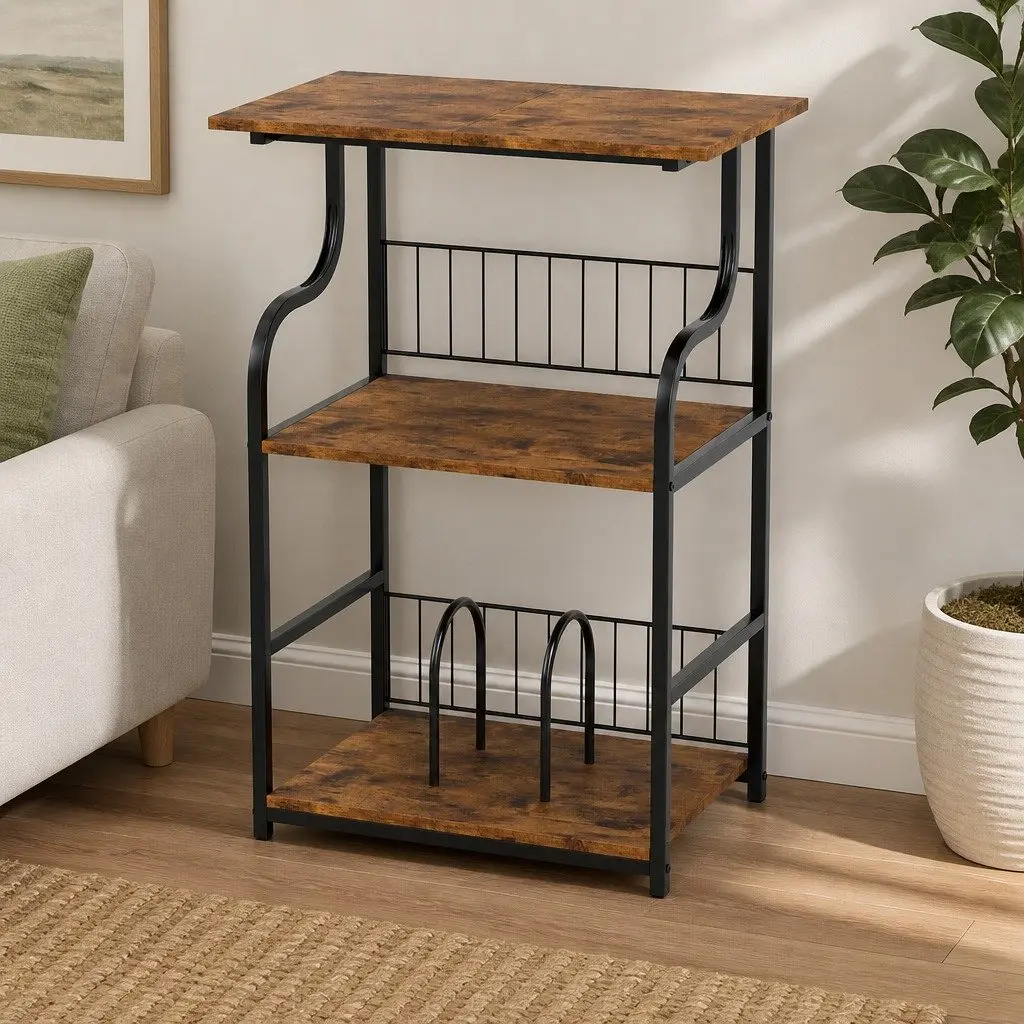 Side Table 3-Tier Storage Shelf Vintage Brown Metal Frame Engineered Wood Construction