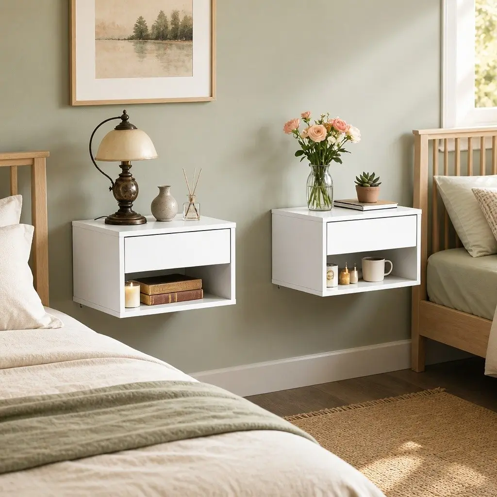 Floating Bedside Tables Set of 2 Wall Mount Nightstand Storage Drawer Shelf