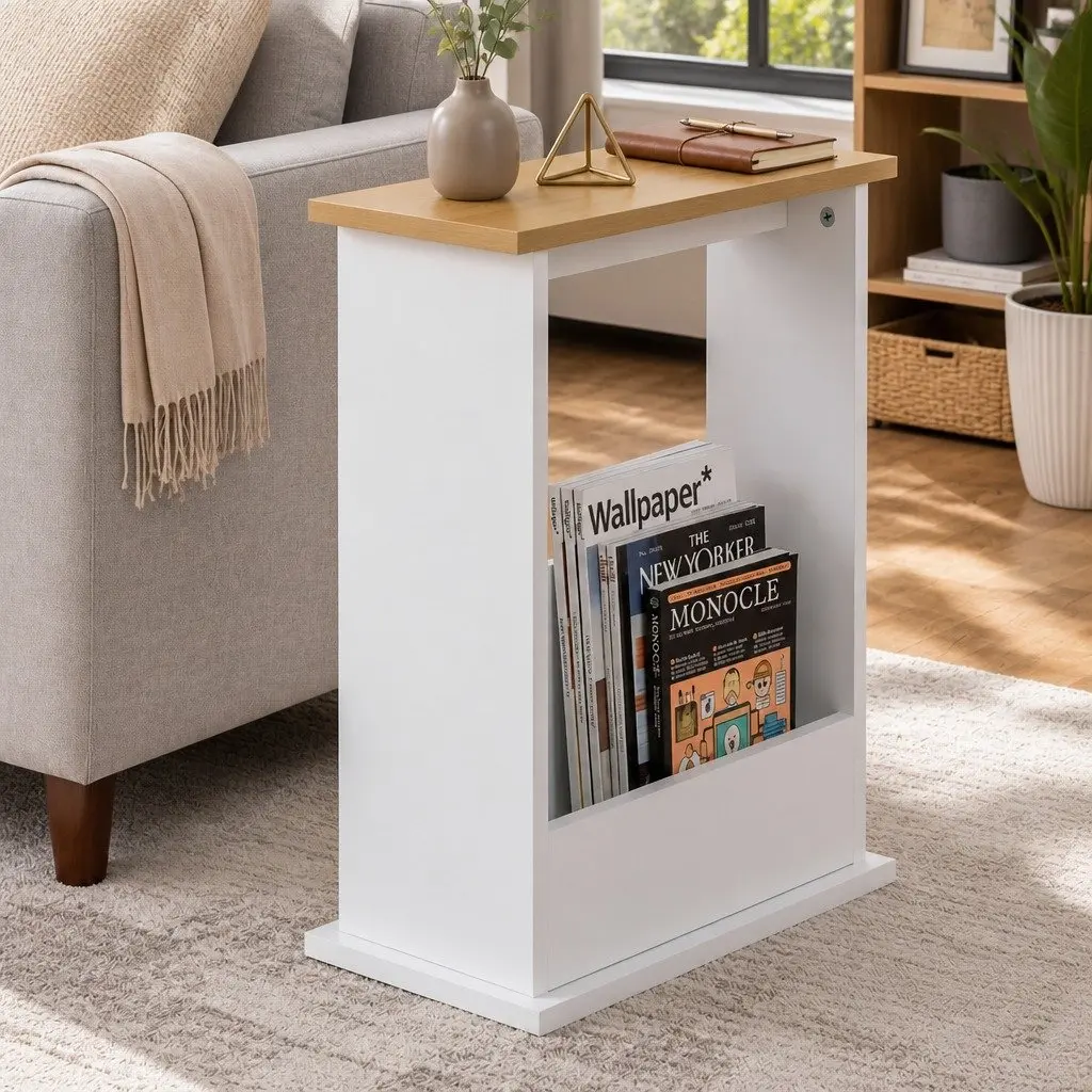 Slim Side Table with Magazine Rack Storage Narrow Sofa End Table Living Room