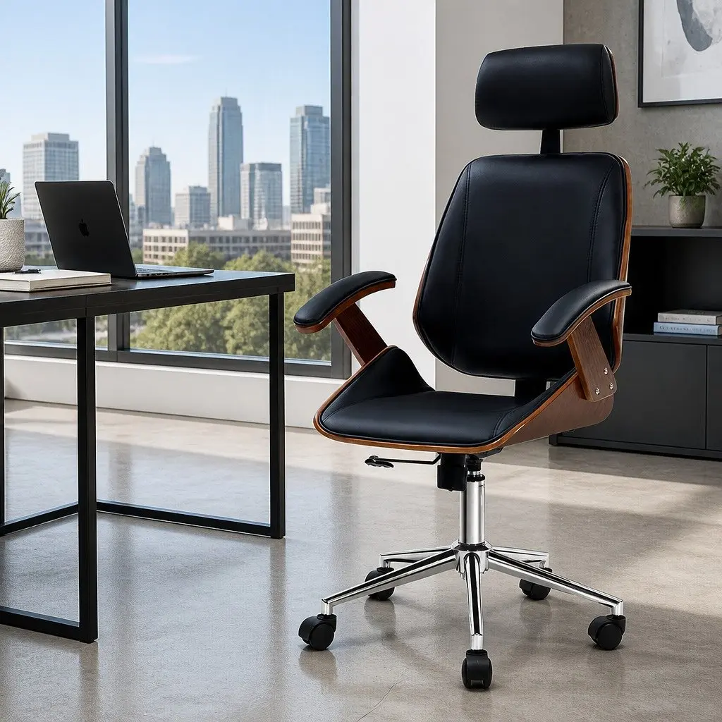 Office Chair Wooden Frame Black Leather Seat Swivel Height Adjustable Ergonomic