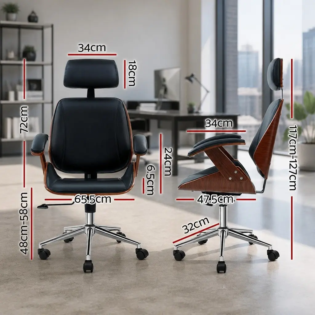 Office Chair Wooden Frame Black Leather Seat Swivel Height Adjustable Ergonomic