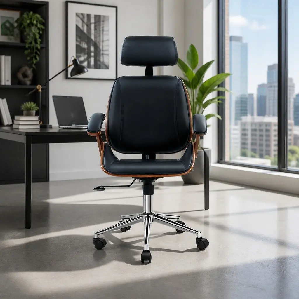 Office Chair Wooden Frame Black Leather Seat Swivel Height Adjustable Ergonomic