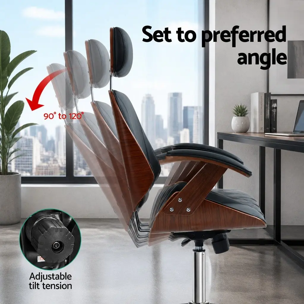 Office Chair Wooden Frame Black Leather Seat Swivel Height Adjustable Ergonomic