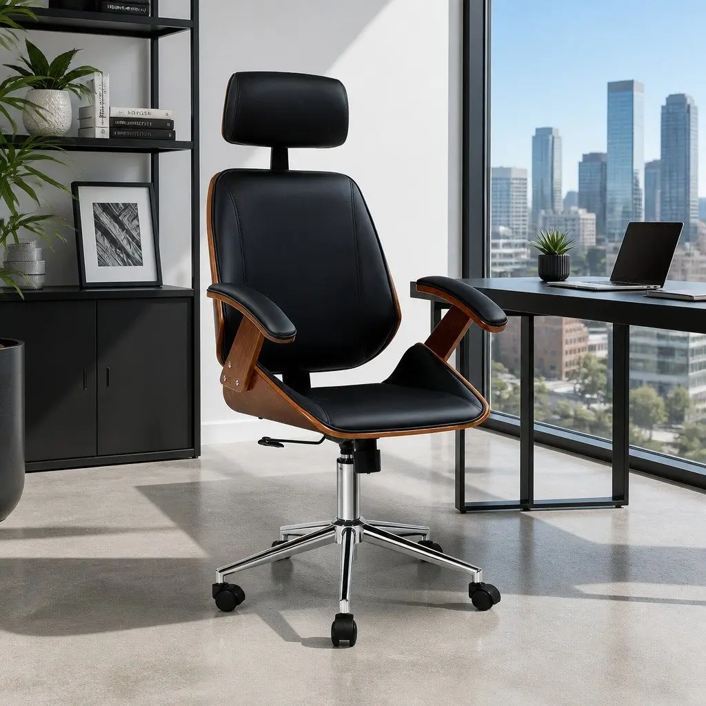 Office Chair Wooden Frame Black Leather Seat Swivel Height Adjustable Ergonomic