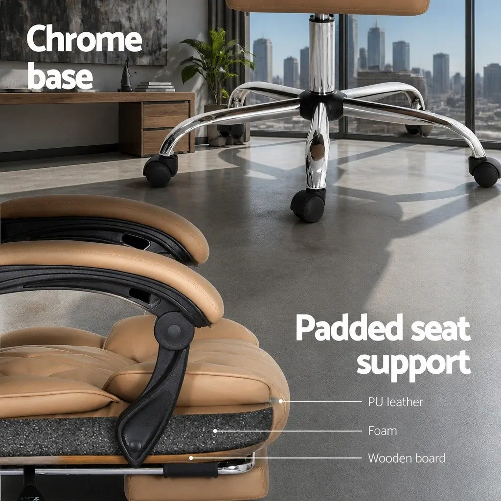 Executive Office Chair Brown Leather Footrest Reclining Desk Seat Swivel