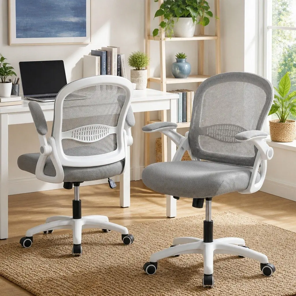 Mid Back Office Chair Grey Mesh Adjustable Height Gas Lift Tilt Function 360 Degree Swivel