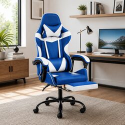 Comfortable Blue & White Gaming Chair for Your Workspace