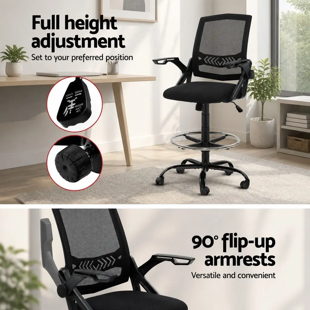 Drafting Stool Office Chair Black Adjustable Height Mesh Backrest Armrest Footrest
