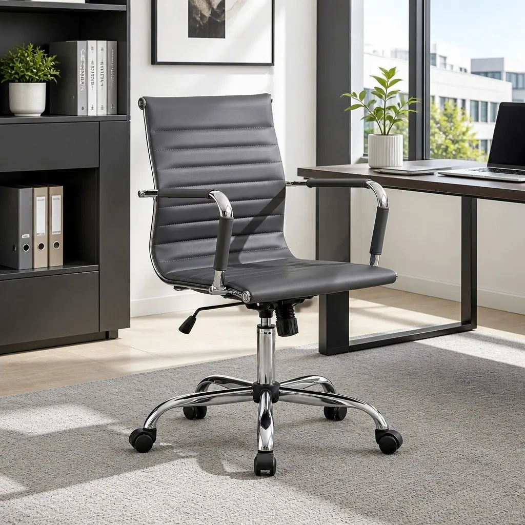 Office Chair Mid Back 360 Rotatable Grey PU Leather